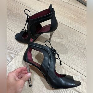 Coach Black Leather Lace-Up Heels | Silver Snake Print Heel | Size 7.5